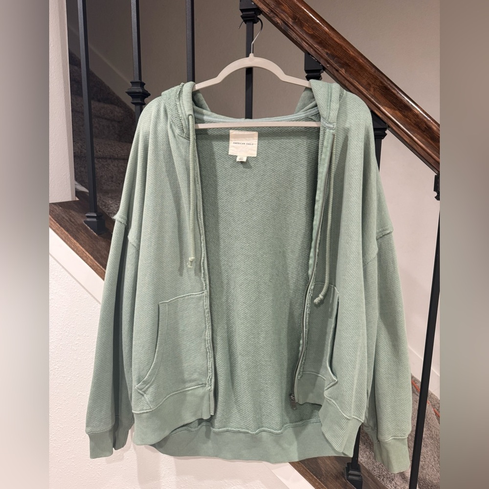 American Eagle sage green zip up sweatshirt jacket pockets xs/s oversized